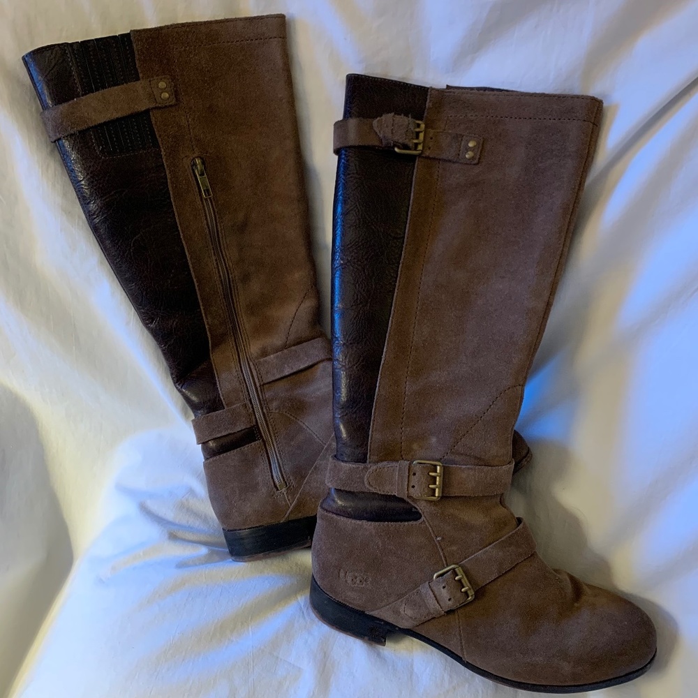 UGG brown suede and pebbled genuine leather riding boots - Picture 1 of 12
